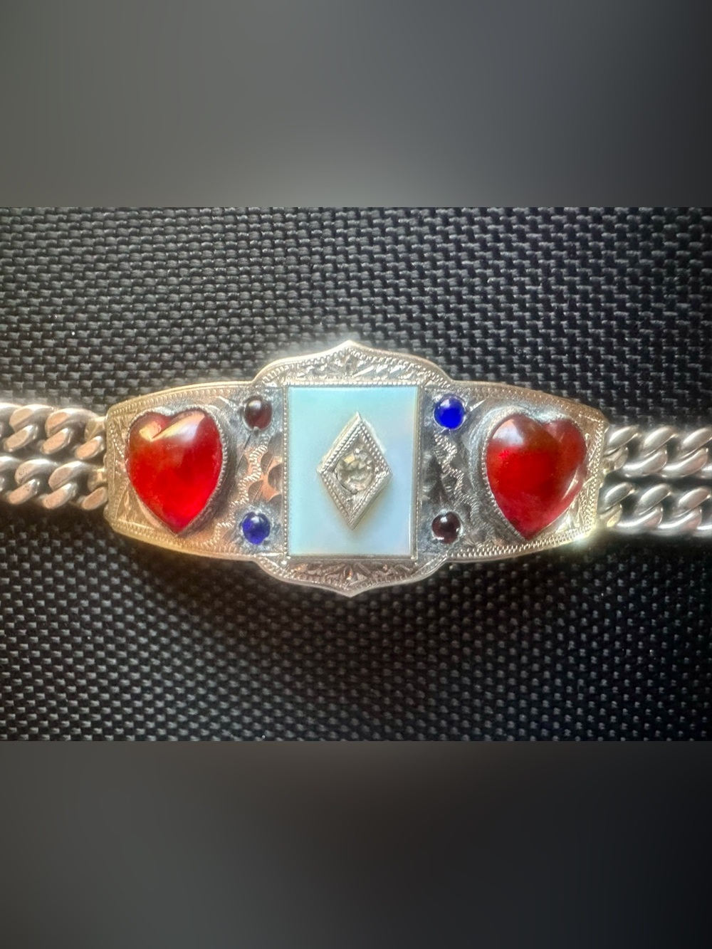 Vintage Silver-Tone Men's Bracelet with Red Heart Accents and Blue Details